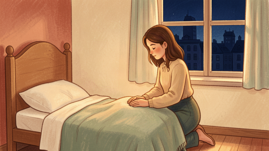 A woman kneeling by a bed at first light