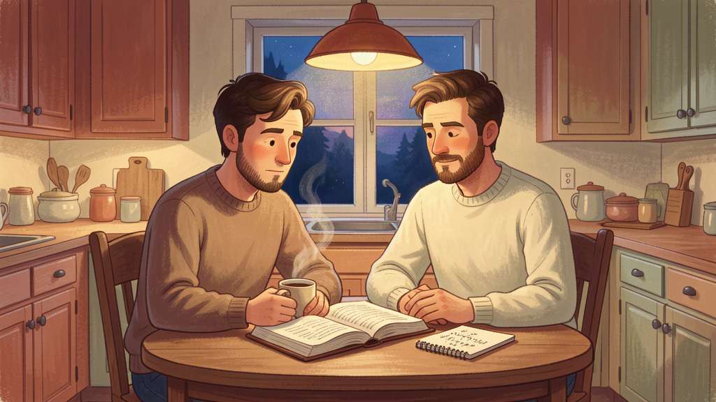 A man at a kitchen table before sunrise with an open Bible and a notebook