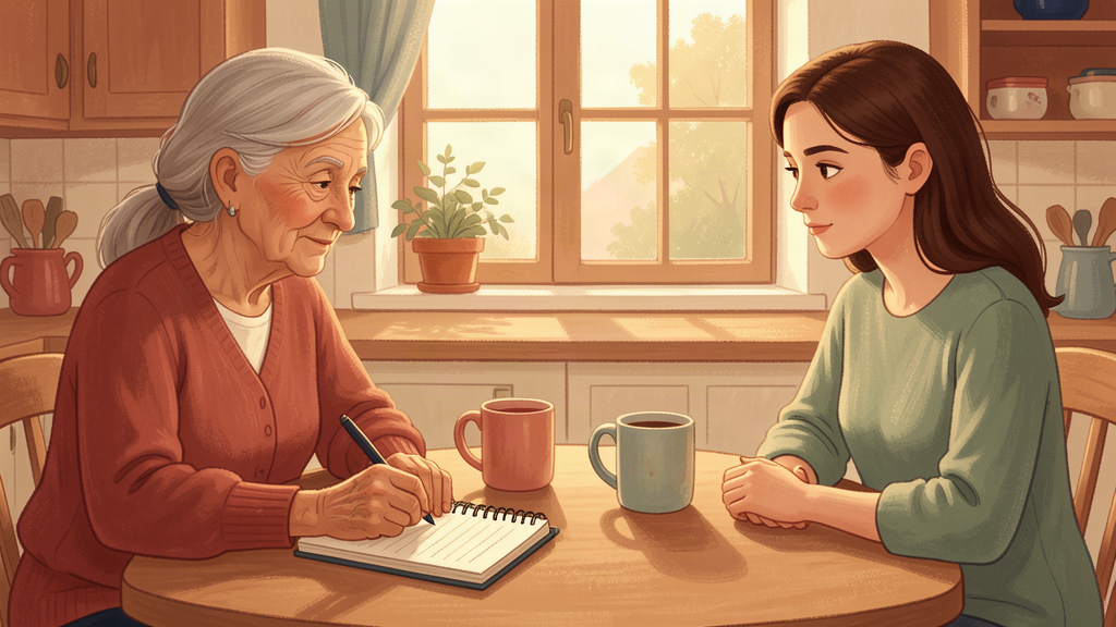 An older woman writing in a notebook while a younger woman watches