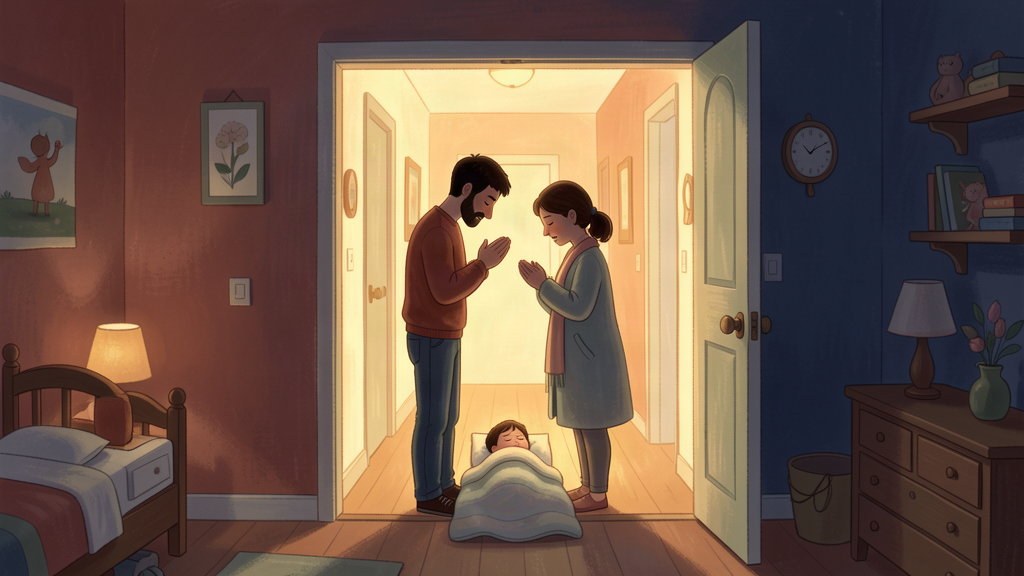 Two parents praying in the doorway of a sleeping child’s room