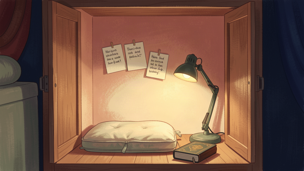 A woman kneeling by a bed at first light